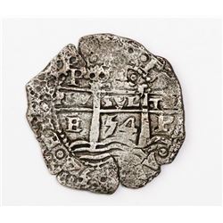 Potosi, Bolivia, cob 8 reales, 1654E, dot-PH-dot at top.