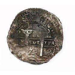 Potosi, Bolivia, cob 8 reales, 1653E, dot-PH-dot at top.