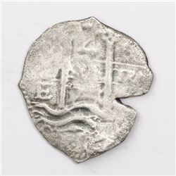 Potosi, Bolivia, cob 4 reales, 1677E, rotated-4 denomination above cross, rare.