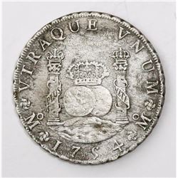 Mexico City, Mexico, pillar 8 reales, Ferdinand VI, 1754MM, dissimilar crowns.