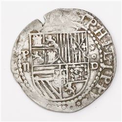 Lima, Peru, cob 2 reales, Philip II, assayer Diego de la Torre, P-ii to left, *-oD to right.