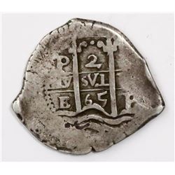 Potosi, Bolivia, cob 2 reales, 1665E.