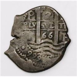 Potosi, Bolivia, cob 2 reales, 1666E, "66" between pillars.