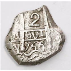 Potosi, Bolivia, cob 2 reales, 1766/5(V)-Y, rare.