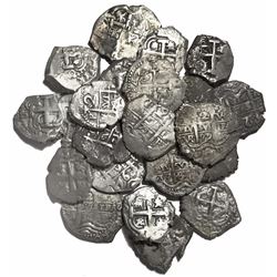 Large lot of 22 Potosi, Bolivia, cob 2 reales, Philip IV to Charles III, various dates and assayers.