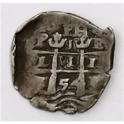 Potosi, Bolivia, cob 1 real, 1654E, PH at top, motto PL-VL-TR.