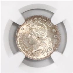 Argentina, 10 centavos, 1882, 2 in normal position, encapsulated NGC MS 64+.