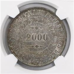 Brazil, 2000 reis, Pedro II, 1852, encapsulated NGC MS 62.
