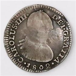 Bogota, Colombia, bust 1 real, Charles IV, 1802JJ.