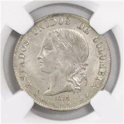 Medellin, Colombia, 2 decimos, 1874, encapsulated NGC MS 62, finest and only specimen in NGC census.