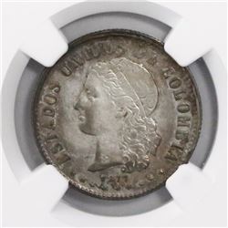 Medellin, Colombia, 20 centavos, 1877, encapsulated NGC XF 45.