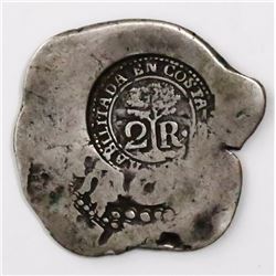 Costa Rica, 2 reales, 1846JB counterstamp (Type V) on a Lima, Peru, cob 2 reales, 1737(N).