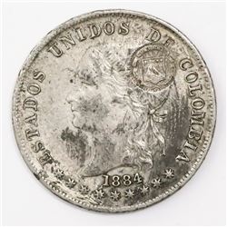 Costa Rica, 50 centavos, "lion" double countermark (Type VII, 1889) on a Bogota, Colombia, 50 centav