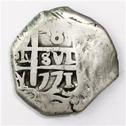 Guatemala, 8 reales, sun-over-mountains countermark (Type II, 1839) on a Potosi, Bolivia, cob 8 real