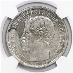 Guatemala, 1 peso, 1865R, large R, encapsulated NGC AU 50, ex-Richard Stuart (designated on tag).