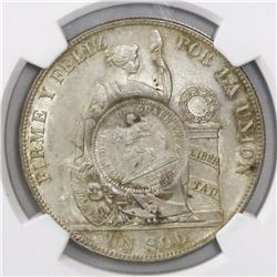 Guatemala, 1 peso, "1/2 real" counterstamp of 1894 on a Lima, Peru, 1 sol, 1884RD, encapsulated NGC