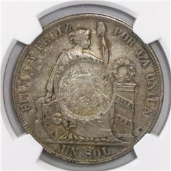 Guatemala, 1 peso, "1/2 real" counterstamp of 1894 on a Lima, Peru, 1 sol, 1885TD, encapsulated NGC