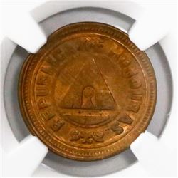Honduras, bronze 1 centavo, 1907, large "UN," curved clip error, encapsulated NGC MS 64 RB.