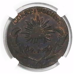 Durango (State), Mexico, copper 1/4 real, 1858. radiant cap, encapsulated NGC XF 40 BN, finest known