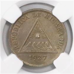 Nicaragua, copper-nickel 5 centavos, 1927, encapsulated NGC MS 62, finest and only specimen in NGC c