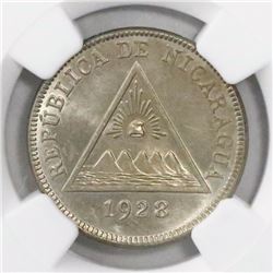 Nicaragua, copper-nickel 5 centavos, 1928, encapsulated NGC MS 63, ex-Richard Stuart.