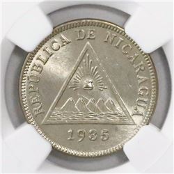 Nicaragua, copper-nickel 5 centavos, 1935, encapsulated NGC MS 66, finest known in NGC census, ex-Ri