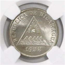 Nicaragua, copper-nickel 5 centavos, 1938, encapsulated NGC MS 66, finest known in NGC census, ex-Ri