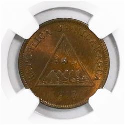 Nicaragua, bronze 1 centavo, 1917, encapsulated NGC MS 65 BN, finest known in NGC census, ex-Richard