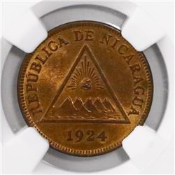 Nicaragua, bronze 1 centavo, 1924, encapsulated NGC MS 65 RB, ex-Richard Stuart.
