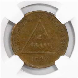 Nicaragua, bronze 1 centavo, 1927, encapsulated NGC AU 53 BN, finest and only specimen in NGC census