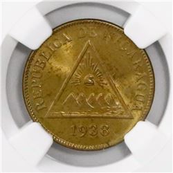 Nicaragua, bronze 1 centavo, 1938, encapsulated NGC MS 64 RB, finest known in NGC census, ex-Richard