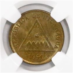 Nicaragua, copper 1 centavo, 1940, encapsulated NGC MS 66 BN, finest known in NGC census.
