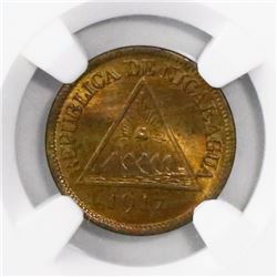 Nicaragua (Philadelphia mint), bronze 1/2 centavo, 1917, encapsulated NGC MS 66 RB, finest known in