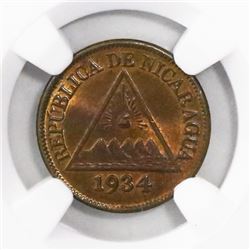 Nicaragua (Philadelphia mint), bronze 1/2 centavo, 1934, encapsulated NGC MS 65 BN, finest and only