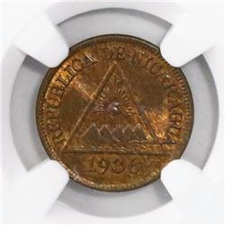 Nicaragua (Philadelphia mint), bronze 1/2 centavo, 1936, encapsulated NGC MS 65 RB, finest known in