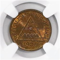 Nicaragua (Philadelphia mint), bronze 1/2 centavo, 1936, encapsulated NGC MS 65 RB, finest known in 