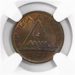 Nicaragua (Philadelphia mint), bronze 1/2 centavo, 1937, encapsulated NGC MS 65 BN, finest known in