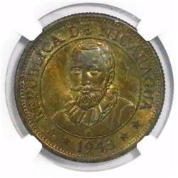 Nicaragua, brass 25 centavos, 1943, encapsulated NGC MS 65, ex-Richard Stuart.