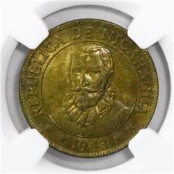 Nicaragua, brass 10 centavos, 1943, encapsulated NGC MS 65, ex-Richard Stuart.