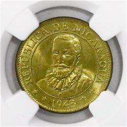Nicaragua, brass 5 centavos, 1943, encapsulated NGC MS 67, finest known in NGC census, ex-Richard St
