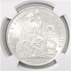 Lima, Peru, 1 sol, 1891/8TF/BF, encapsulated NGC MS 63.