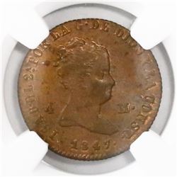 Jubia, Spain, copper 4 maravedis, Isabel II, 1847, encapsulated NGC MS 63 RB.
