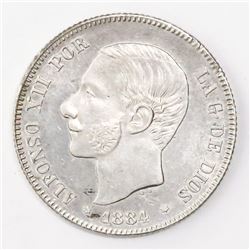 Madrid, Spain, 2 pesetas, Alfonso XII, 1884MS-M, with 18-84 in stars.