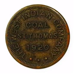 St. Thomas, U.S. Virgin Islands, uniface copper coal token, 1920, The West Indies Company.