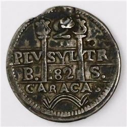 Caracas, Venezuela, 2 reales, Ferdinand VII, 1821BS, castles at top left and bottom right, F-7 flank