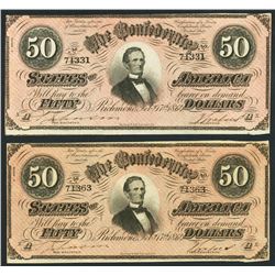 Lot of two Richmond, CSA, $50, 17-2-1864, plate Ax, 3rd series, with red tints.