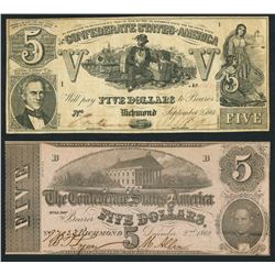Lot of two Richmond, CSA, $5 notes, 1861-62.