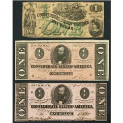 Lot of three Richmond, CSA, $1 notes, 1862-64.