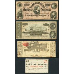 Lot of four CSA and Southern States notes, 1863-64.