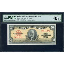 Cuba, Banco Nacional de Cuba, 50 pesos, 1958, certified PMG Gem UNC 65 EPQ.